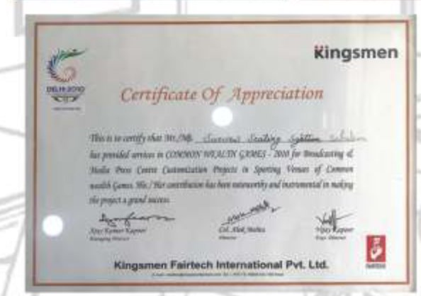 Certificate of appreciation from Kingsmen Fairtech International